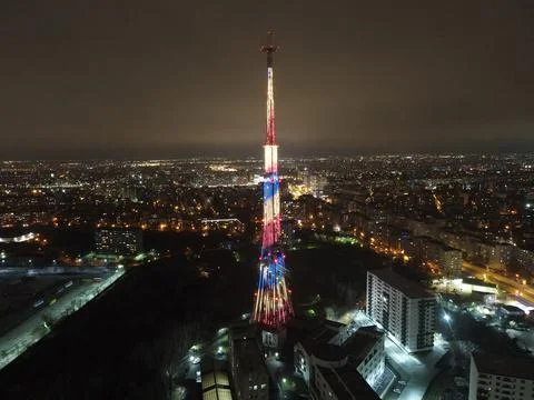 Bucharest flag over the building in the night Stock Photos