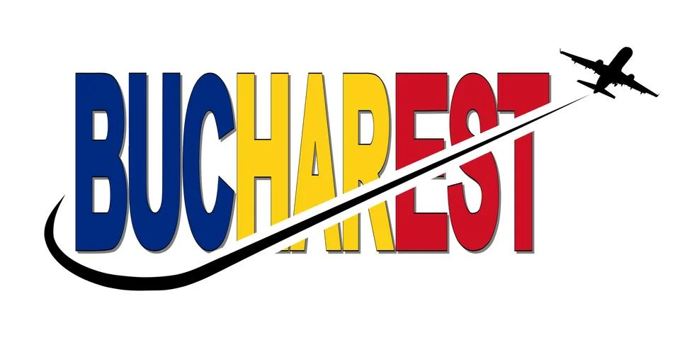 Bucharest flag text with plane silhouette and swoosh illustration Stock Illustration