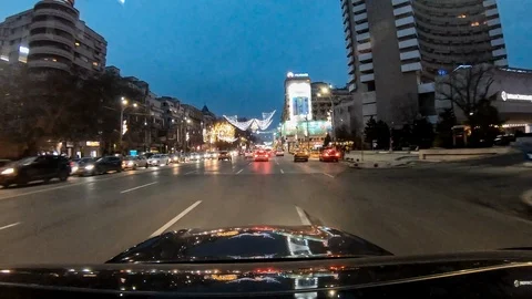 Bucharest hyperlapse city centre streets time lapse moving car christmas lights Stock Footage 100326842