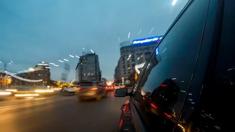 Bucharest hyperlapse streets time lapse moving car shot angle christmas lights Stock Footage 100326774
