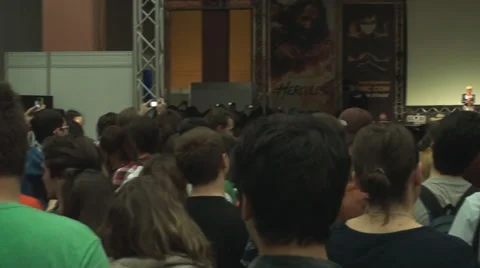 Bucharest, May The 10th, Eastern European Comic Con, People Waiting Pan Stock Footage 38351956