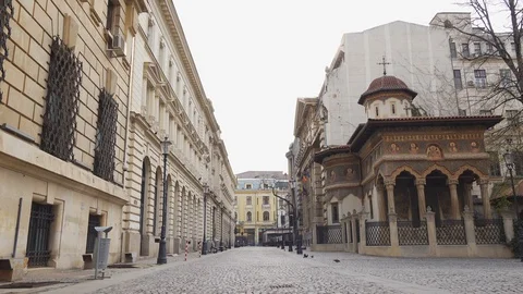 Bucharest Old Center is empty due to COVID-19 restrictions Stock Footage 128235656