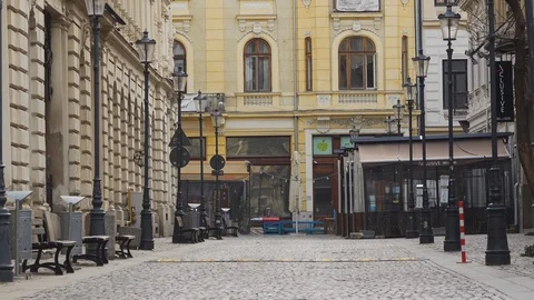 Bucharest Old Center is empty due to COVID-19 restrictions Stock Footage 128236137