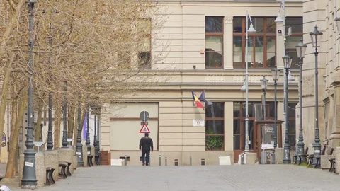 Bucharest Old Center is empty due to COVID-19 restrictions Stock Footage 128238596