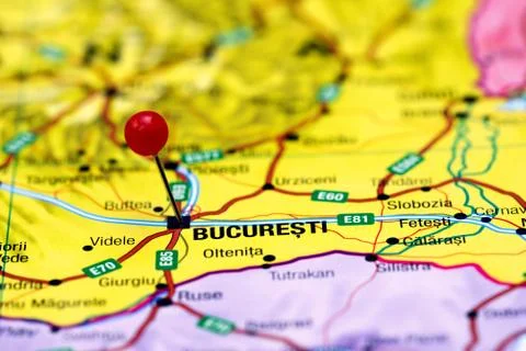 Bucharest pinned on a map of europe Stock Photos