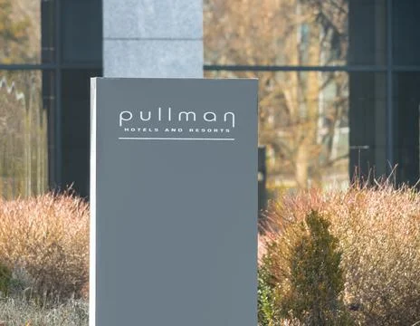 Bucharest, Romania - 02.22.2021: Pullman Bucharest World Trade Center sign. P Stock Photos
