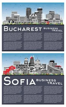 Bucharest Romania and Sofia Bulgaria City Skyline Set with Color Buildings,.. Stock Illustration