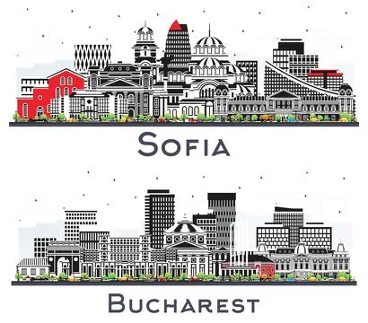 Bucharest Romania and Sofia Bulgaria City Skyline set with Color Buildings .. Stock Illustration