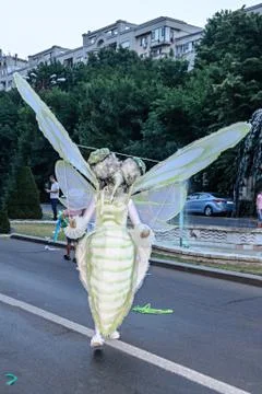 BUCHAREST, ROMANIA - AUGUST 1, 2017: City outdoor parade, carnaval with mask  Stock Photos