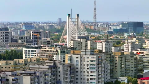 Bucharest, Romania - August 10, 2024: Aerial drone view of buildings around the Vídeos de archivo 283698571