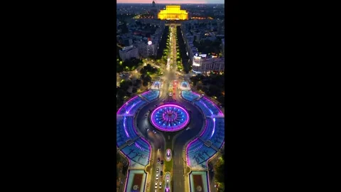 BUCHAREST, ROMANIA - August 15, 2024 Unirii Square Light Show Fountains at Night Stock-Footage 346254076