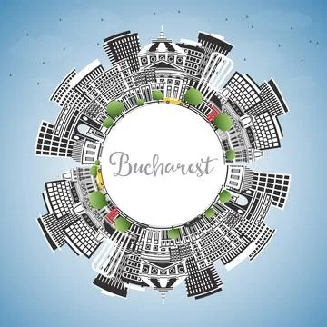 Bucharest Romania City Skyline with Color Buildings, Blue Sky and Copy Spac.. Stock Illustration