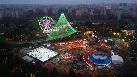 BUCHAREST, ROMANIA - December 15, 2025 Aerial view of Christmas Market Stock-Footage 346556170