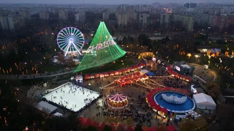 BUCHAREST, ROMANIA - December 15, 2025 Aerial view of Christmas Market Stock-Footage 346556172