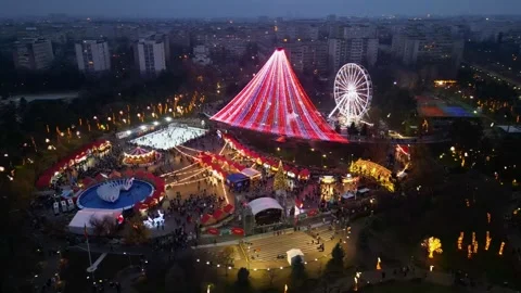 BUCHAREST, ROMANIA - December 15, 2025 Aerial view of Christmas Market Stock-Footage 346556199