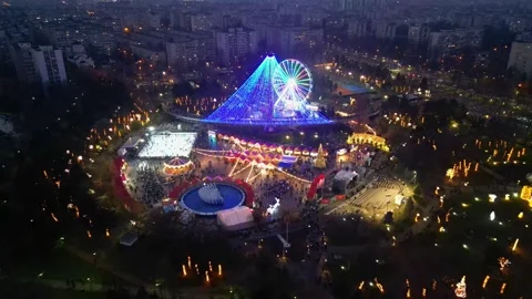 BUCHAREST, ROMANIA - December 15, 2025 Aerial view of Christmas Market Stock-Footage 346649063