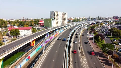 BUCHAREST, ROMANIA - OCTOBER 18, 2020: Highways with moving cars modern Stock Footage 145154641