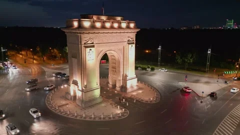 BUCHAREST, ROMANIA - September 15, 2026 Aerial Night View Of Arch Of Triumph Stock-Footage 346650946