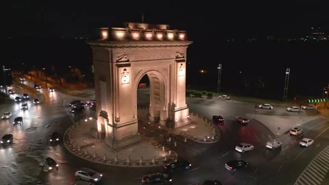 BUCHAREST, ROMANIA - September 15, 2026 Aerial Night View Of Arch Of Triumph Stock-Footage 346650966