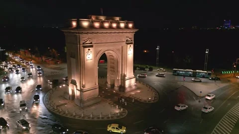 BUCHAREST, ROMANIA - September 15, 2026 Aerial Night View Of Arch Of Triumph Stock-Footage 346650973