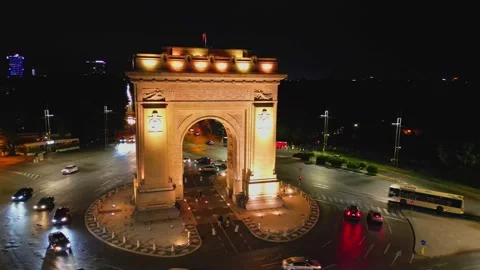 BUCHAREST, ROMANIA - September 15, 2026 Aerial Night View Of Arch Of Triumph Stock-Footage 346650974