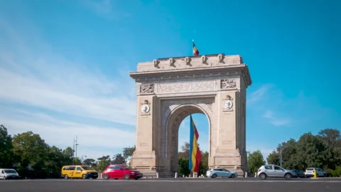 Bucharest, Romania,2024,july,6 th, time lapse of Arcul de Triumf  Triumphal Arch Stock Footage 289097582