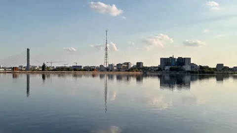Bucharest Skyline and Calm Water at Lacul Morii with Reflections Stock-Footage 346380096