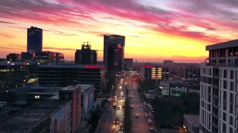 Bucharest Skyline Business District Drone Sunset Stock Footage 145642993