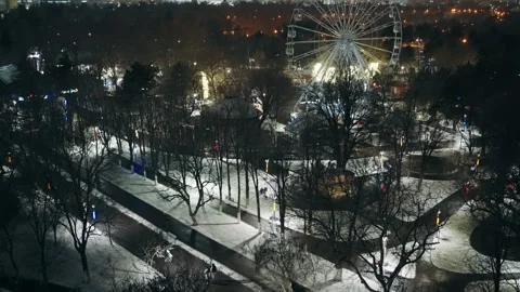 Bucharest Winter Night View: Ferris Wheel and Snowy Tineretului Park 스톡 동영상 337184307