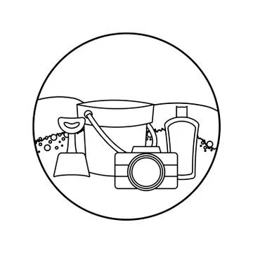 Bucket with camera and bottle of blocker in beach Stock-Illustration