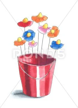 Bucket colorful flowers Stock Illustration
