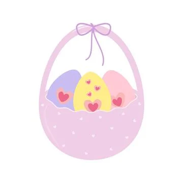 Bucket with Easter Eggs inside and Tied ribbon bow on handle Minimalist flat Illustration