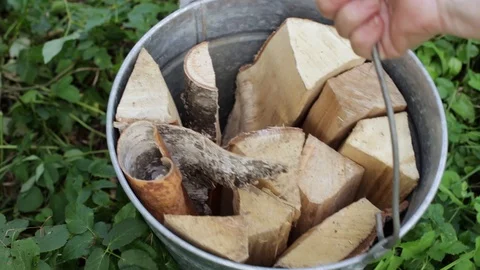 Bucket with firewoods Stockbeeldmateriaal 115357464