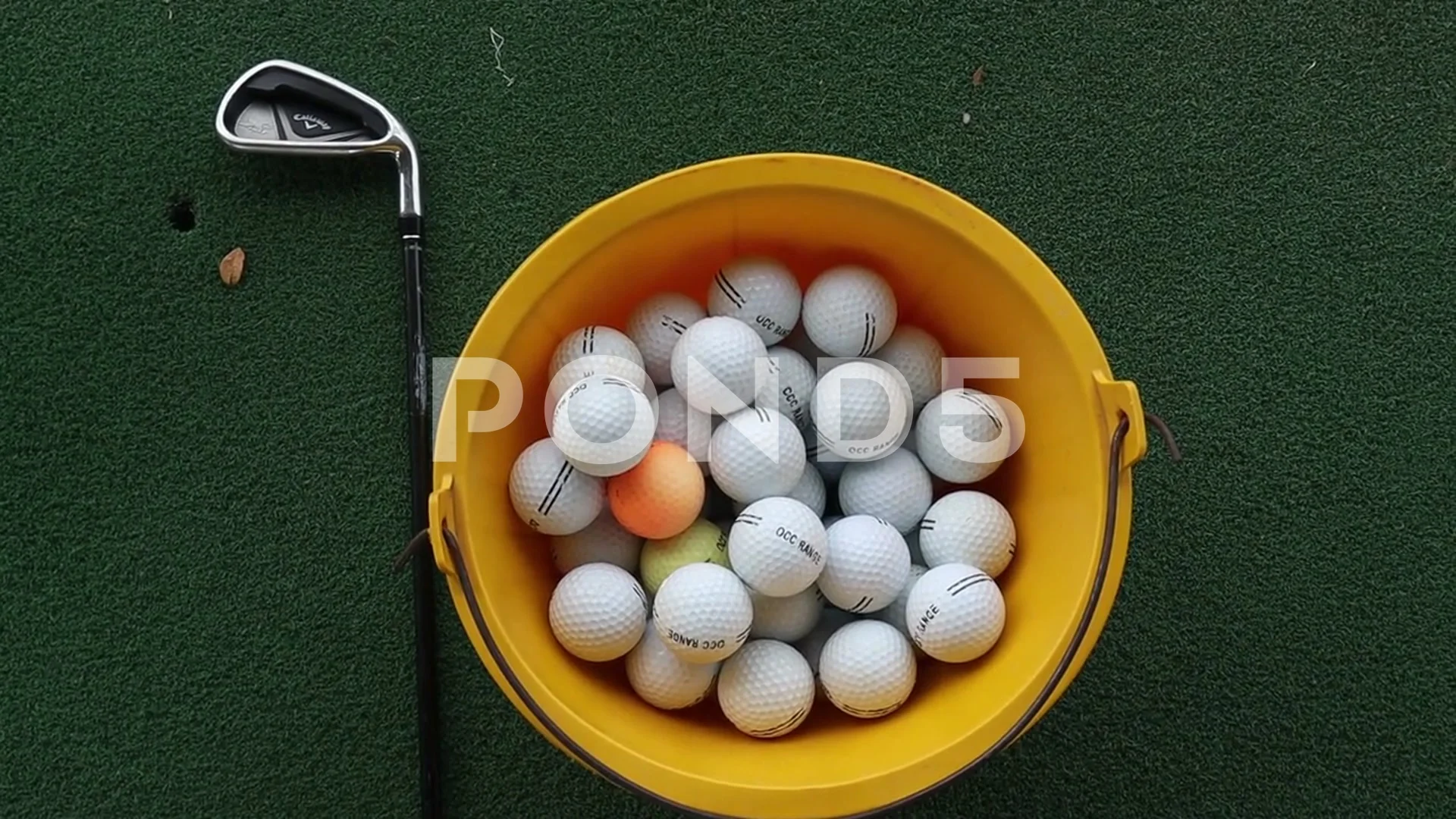 A bucket full of golf balls and club 
