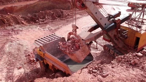 The bucket of a large mining excavator loads a huge dump truck. Stock Footage 122214861