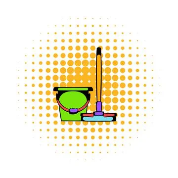 Bucket with a mop comics icon Stock Illustration