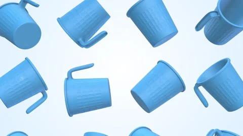 Bucket Mugs Falling on a Light Blue Background. Plastic Mug 3D Animation. 4K Stock Footage 297085092
