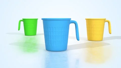 Bucket Mugs on a Light Reflective Floor. Plastic Mugs 3D Animation. 4K Stock Footage 297087073