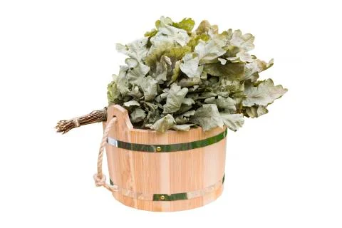Bucket with oak broom isolated on white background Stock Photos