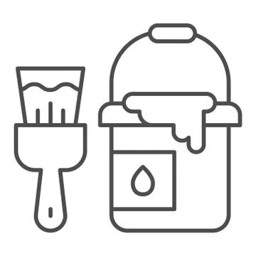 Bucket of paint and brush thin line icon, house repair concept, building painter Stock Illustration