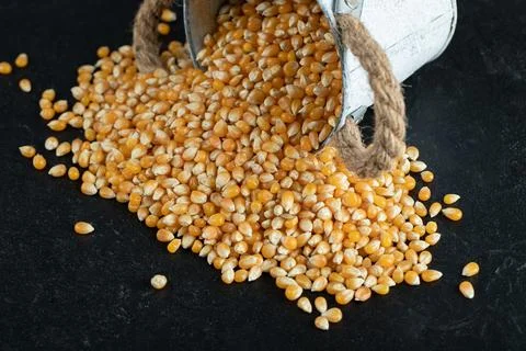 A bucket with raw popcorn on a dark background Stock Photos