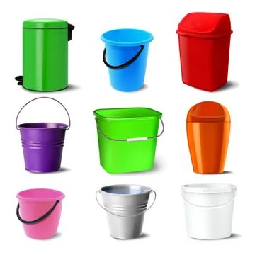 Bucket Set Vector. Bucketful Different Types. Classic Jar With Handle, Tin Stock-Illustration