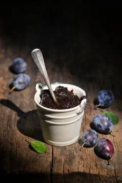 Bucket Of Thick Plum Jam Stock Photos