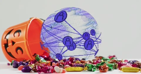 Bucket tipping over triggers 3D digital globe forming above candy spill, Video stock 317841124