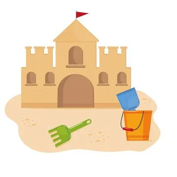 Bucket with tools on the background of a sand castle, color isolated vector i Stock Illustration