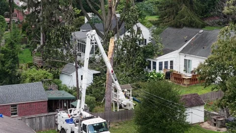 Bucket truck lineman clears broken tree tangled in power lines behind brick Stock Footage 341690251