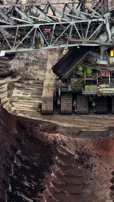Bucket-wheel excavator digging in a large open-pit lignite mine in Garzweiler Stock Footage 346576388