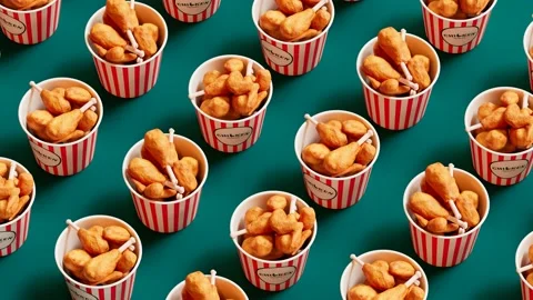 Buckets with fried chicken are jumping and moving together in one direction.Loop Stock Footage 133484174