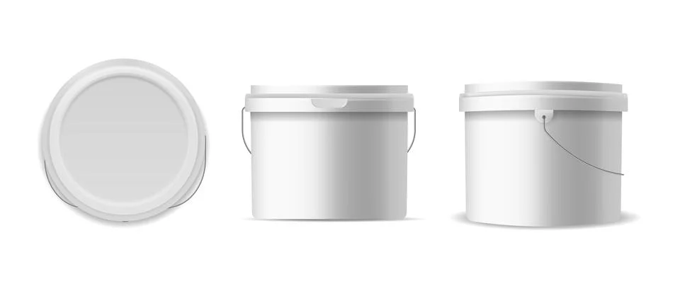 Buckets plastic. 3D template construction and food containers, white bucket for Stock Illustration