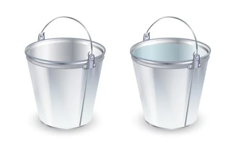 Buckets set. Flat vector illustration. Bucket empty and with water. Stock Illustration